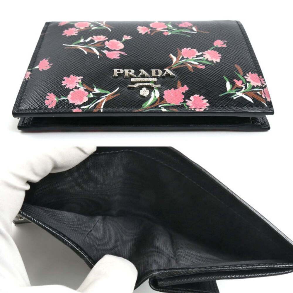PRADA Prada Saffiano Flower Bouquet Bi-fold Wallet Black 1MV204 Women's - Picture 4 of 7